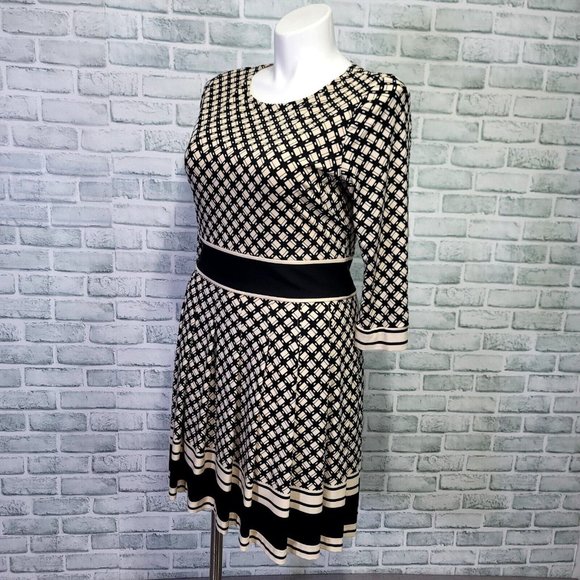 Eliza J Womens 12 Cream Black Geometric Pleated Skirt 3/4 Sleeve Fit Flare Dress - Picture 5 of 11